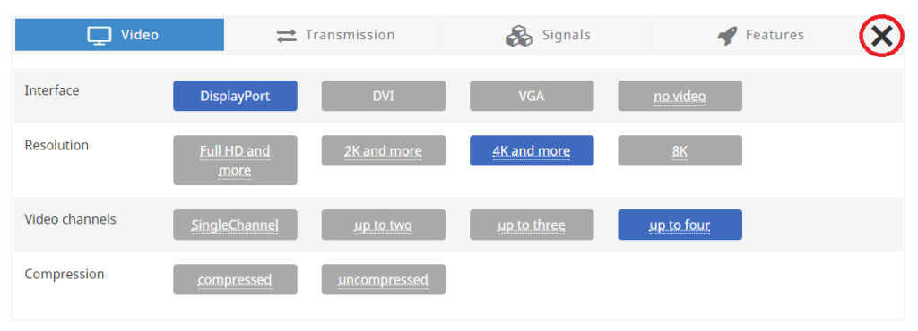 Start a new search in the product filter by clicking on the X icon