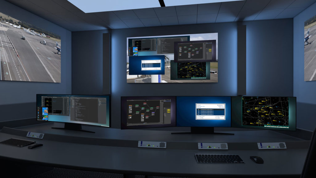 ControlCenter-Xperience with two workplaces equipped with two and three monitors each in front of a large video wall